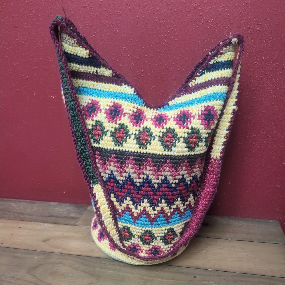 Vintage Crochet Bucket Bag Boho Indie Festival Hippie Shoulder Crossbody Purse
